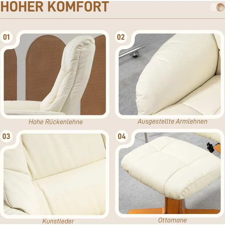 HOMCOM Relaxsessel mit Hocker, Kunstleder, Holz, Cremeweiß, 71L x 84B x 102H cm – Bild 6