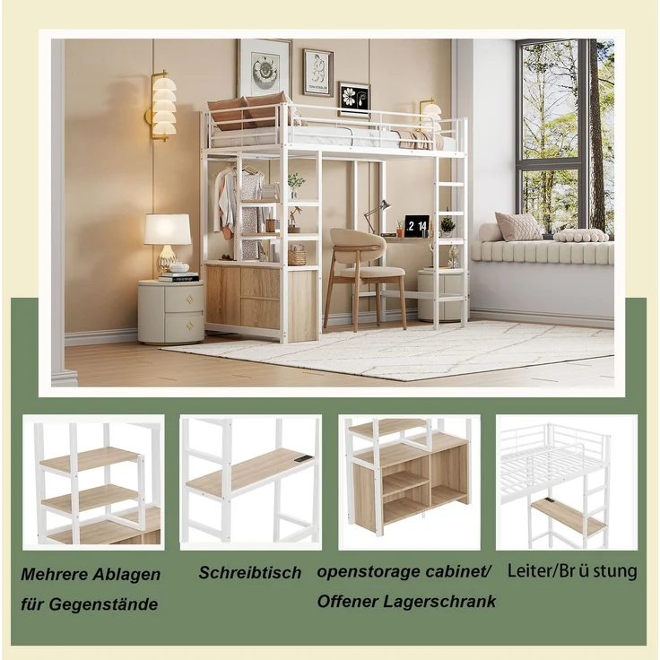 EINHOM Hochbett, 90 x 200 cm, Bett mit Schreibtisch, mit Steckdose und USB, Mehrere Regale, Offener Lagerschrank, Geländer, Leiter, Eisenrahmen, Weiß (Ohne Matratze) – Bild 5