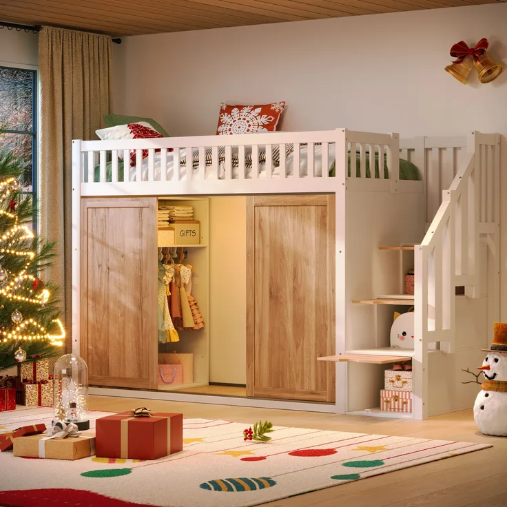 Hochbett, Kinderbett 90 × 200 cm, Hochbett, multifunktionales Kinderbett mit Kleiderschrank und Treppenschrank, bunte Lichtleiste, ohne Matratze, Holz, Weiß + Eichefarbe, 90 × 200 cm