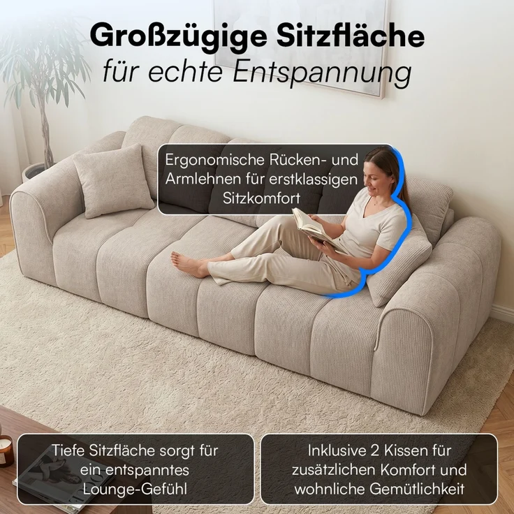 skølm 'Vanaheim' Sofa 3 Sitzer mit 2 Kissen, Cloud Sofa beige, Chenille-Stoff, Vollschaumcouch mit Federkern und Vakuum-Kompression, kein Aufbau erforderlich – Bild 7