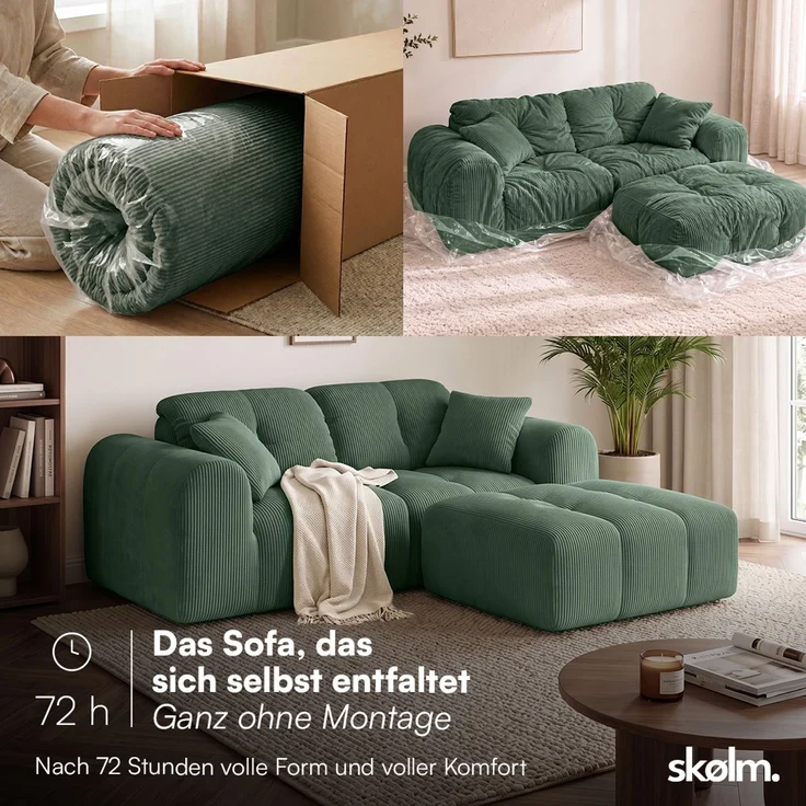 skølm 'Vanaheim' Sofa 2 Sitzer mit Hocker & 2 Kissen, Cloud Sofa dunkelgrün, Cord, Vollschaumcouch mit Federkern und Vakuum-Kompression, kein Aufbau erforderlich – Bild 3