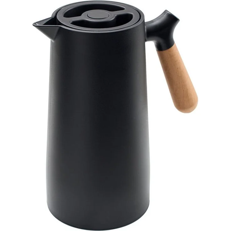 KVOTA Isolierkanne 1L Thermoskanne Glaskolbe Schwarz Holzgriff 1-Click Öffnung, 1 l – Bild 2