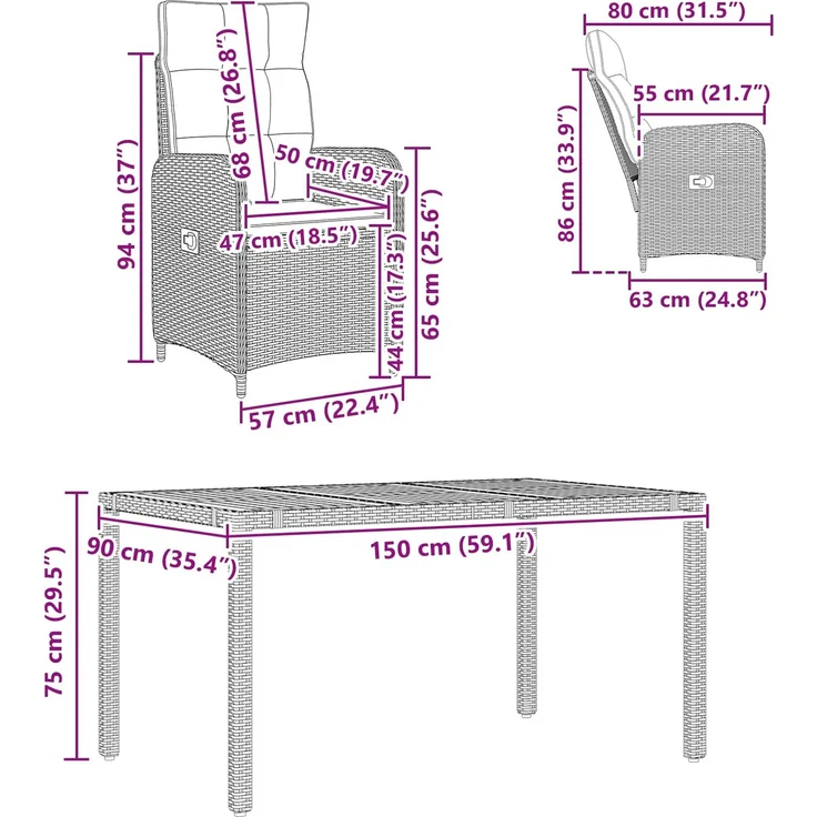 vidaXL Outdoortisch-Set 7 stk. Grey and Navy Blue 150 x 90 x 75 cm 3422283 – Bild 11