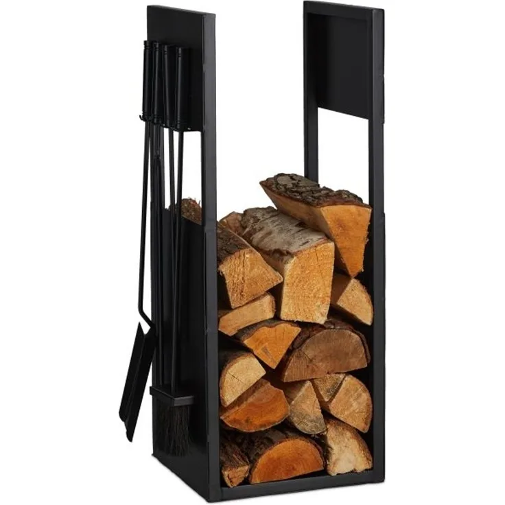 Schwarzes Kaminholzregal mit Besteck 10047806