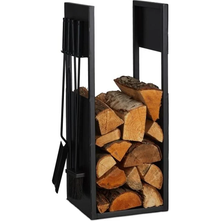 Schwarzes Kaminholzregal mit Besteck 10047806 – Bild 1