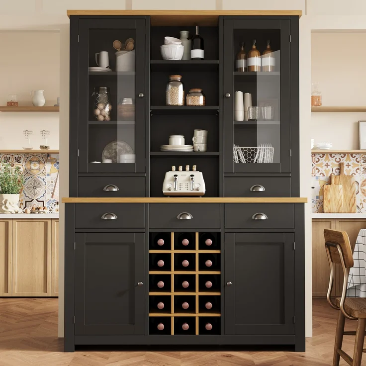 Merax Mehrzweck-Hochschrank für Zuhause mit Kippschutz, Standschrank für Küche und Wohnzimmer mit Glastür, Metallgriffen und Soft-Close-Funktion, herausnehmbares Weinregal, Schwarz – Bild 3