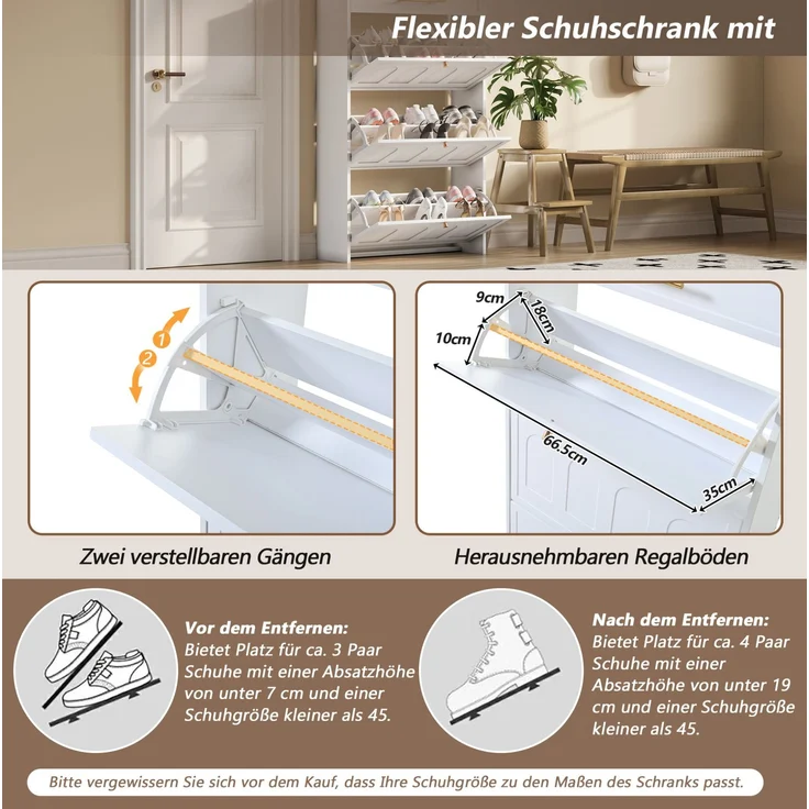 Schuhschrank 70 x 25 x 123,5 cm mit 6 offenen Fächern und 1 Schublade in Weiß – Bild 7