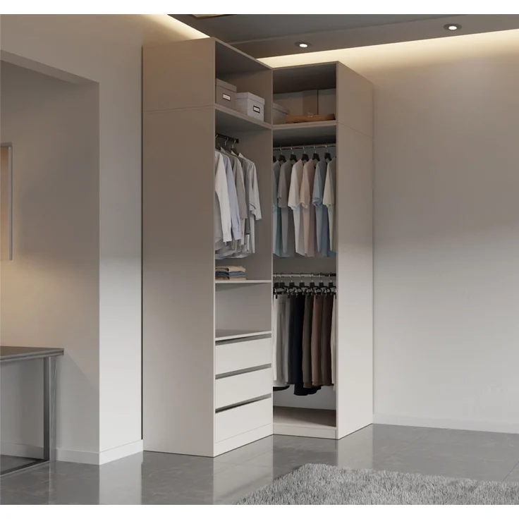 Marmex Möbel Tres Set-H/N Eckkleiderschrank ohne Türen, Eckschrank mit Aufsatz. Garderobenschrank-Set für Kleidung, Schuhe, laminierte Spanplatte, graubeige cashmere 111/100x246x51 cm – Bild 1