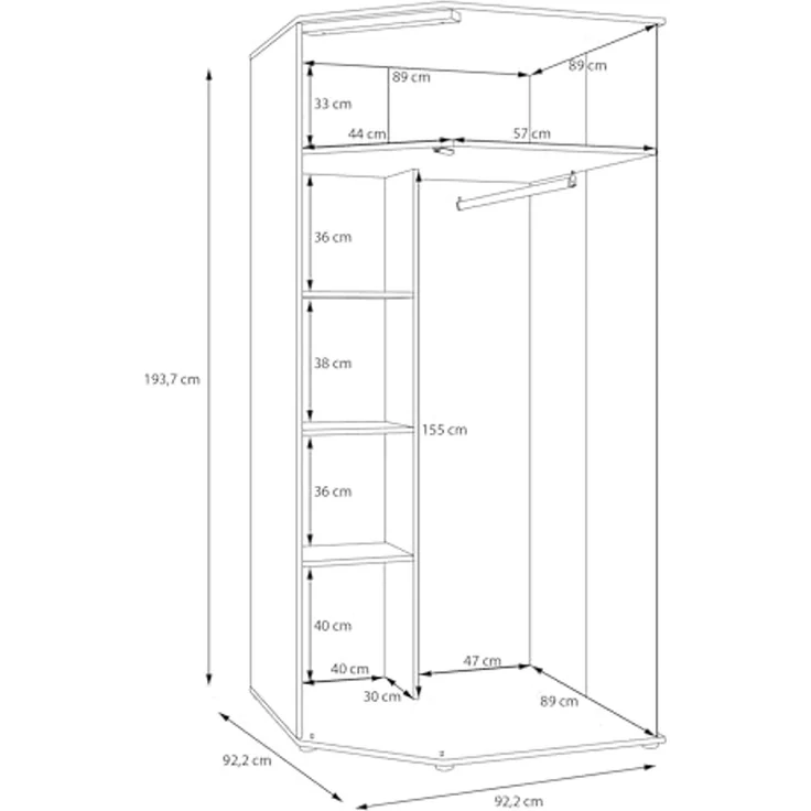Forte WEXLIN Eckkleiderschrank 90 95, moderner Kleiderschrank mit Schranktür, Kinder- und Jugendzimmer, Kaschmir|Beige|Mauvella Eiche Holzdekor, 92,2 cm breit x 193,7 cm hoch x 92,2 cm tief – Bild 7