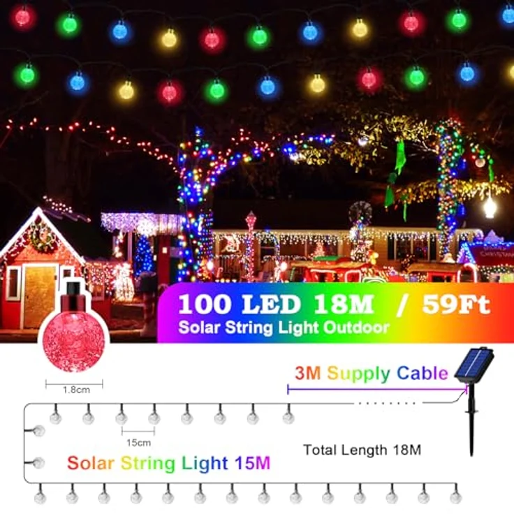Lichterkette Außen Solar Wetterfest, 100 LED 18M 59Ft 8 Modi IP65 Solarlichterkette Bunt Kristall Kugeln Außen/Innen Lichter Beleuchtung für Balkon Terassen Garten Bäume Weihnachten Partys Fenster – Bild 3