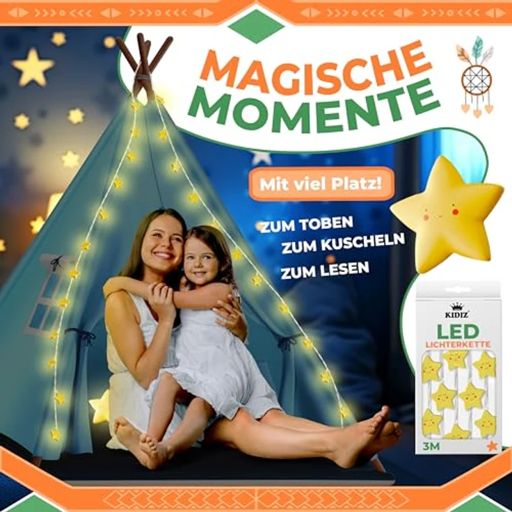 KIDIZ® Tipi Zelt für Kinder Spielzelt 100 x 100 x 160 cm Kinderzelt aus Baumwolle mit LED-Lichterkette, Leuchtstern, Fahnengirlande, 3 Plüschtiere, Untermatte & Tragetasche Spielhaus für drinnen & draußen Blau – Bild 5