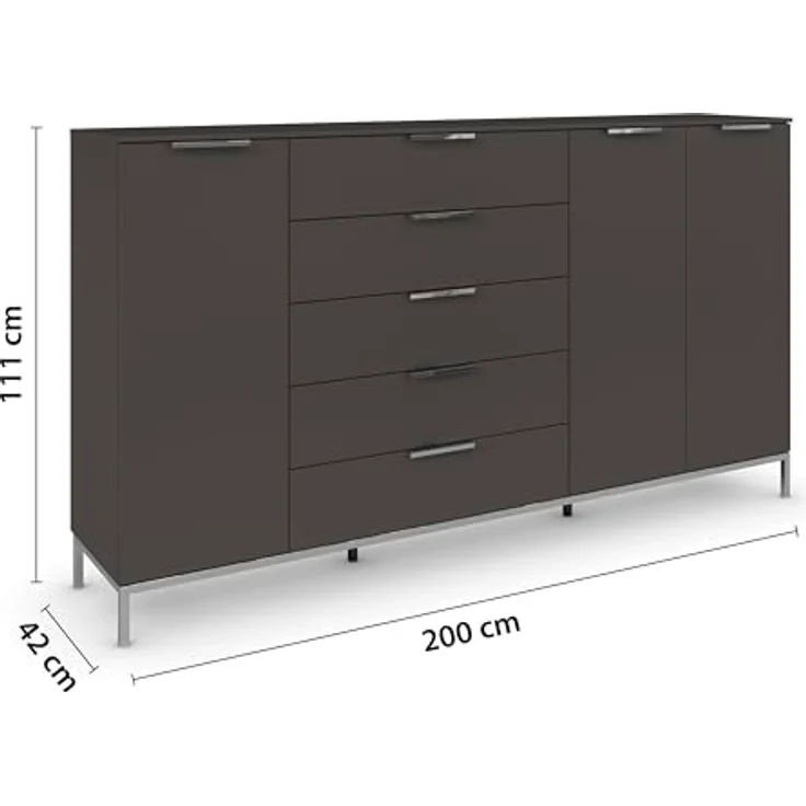 Rauch Möbel Flipp, Nachttisch für Schlafzimmer, Flur, Garderobe, 3-türig, 5 Schubladen, mit Softclose-Funktion, Griffe und Metallkufe Chrom, Farbe Graphit, Schwarz, Breite 199 cm – Bild 4