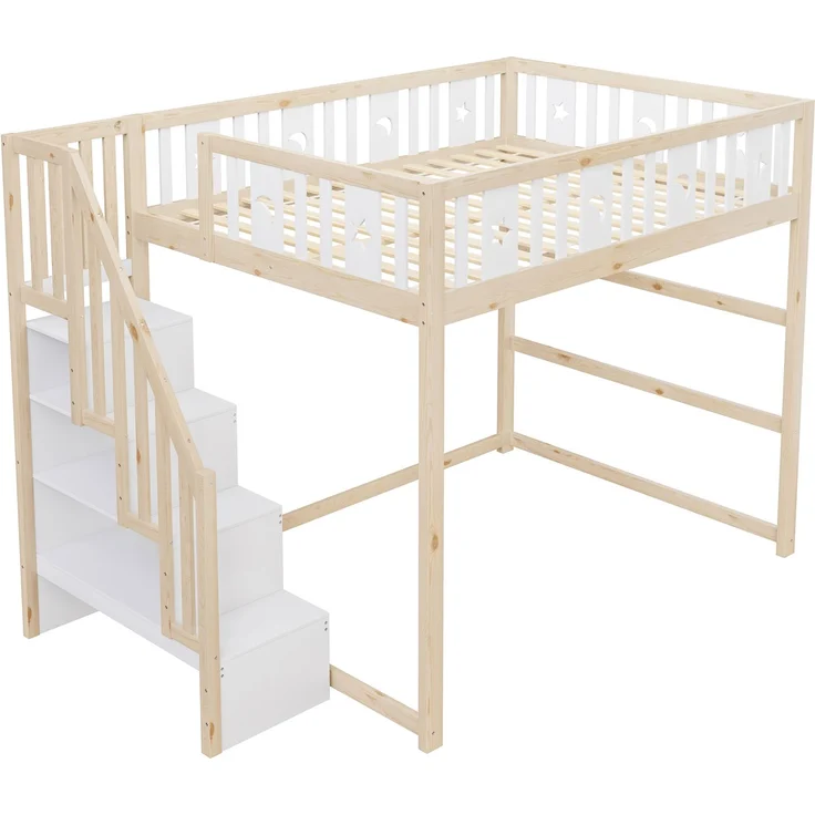 Merax Hochbett, Etagenbett für Kinder 140x200 mit Treppe, Kinderbett Aus Massivholz mit Sicherheitsgeländer, Weiß+Natur – Bild 8