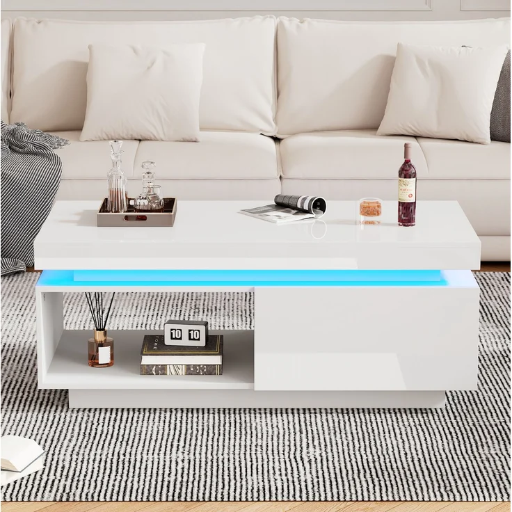 Couchtisch mit LED-Beleuchtung und Schublade, moderner Wohnzimmertisch, Stauraum – Bild 4