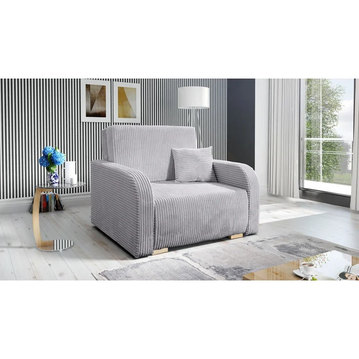 Wohnero24 Lirena 1 Schlafsessel mit Bettfunktion 80x195 cm – Cord Sessel ausziehbar 103x95 cm mit Bettkasten, kleines Gästebett, platzsparendes Einzelschlafsofa - Hellgrau – Bild 2