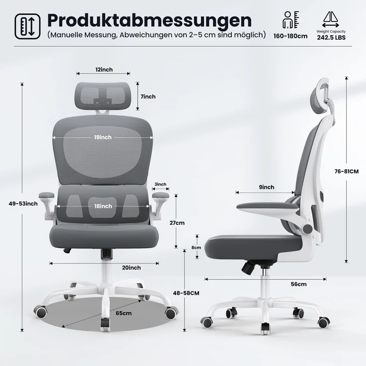 Botifly Ergonomischer Bürostuhl, Mesh-Gewebe, Grau/Weiß, 90°-120° Wippfunktion, 10 cm Höhenverstellbar, 52 x 25.5 x 62 cm – Bild 2