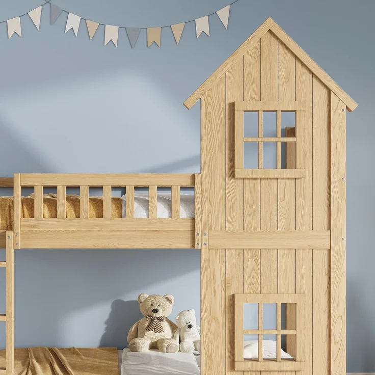Etagenbett mit Rausfallschutz, Trittleiter und Lattenrost, 90x200 cm, Kinderbett, Kiefer – Bild 5