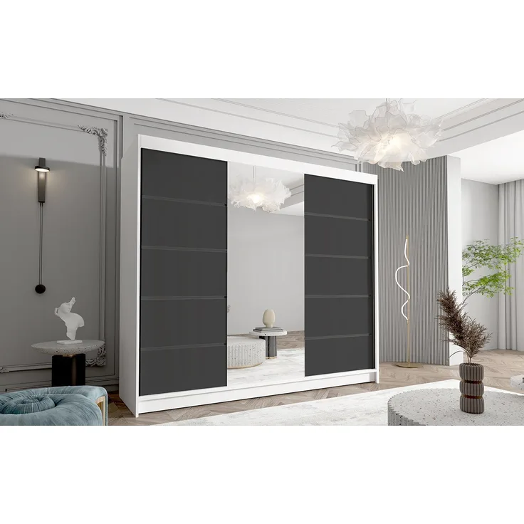 Sofnet Kleiderschrank Davos VI (mit Spiegel, Schiebetüren und Kleiderstange) Schwebetürenschrank mit 3 Türen, Schiebetürenschrank - 250x215x58 cm
