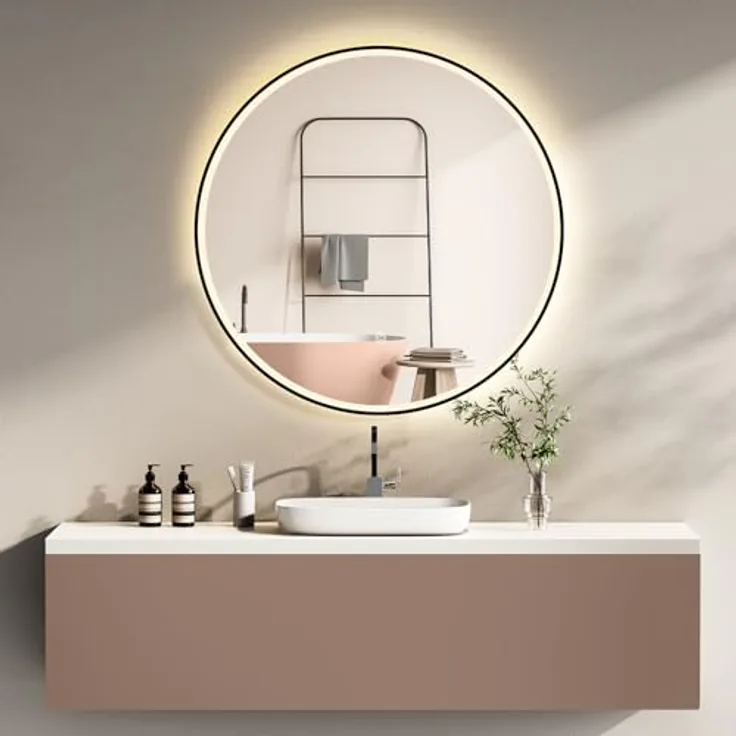 HOKO Badspiegel rund 60 cm Helsinki, LED Beleuchtung mit Touch-Schalter, schwarzer Metall Rahmen, wechselbare Lichtfarbe Warmweiß-Kaltweiß-Neutral, Antibeschlag-Funktion, IP44