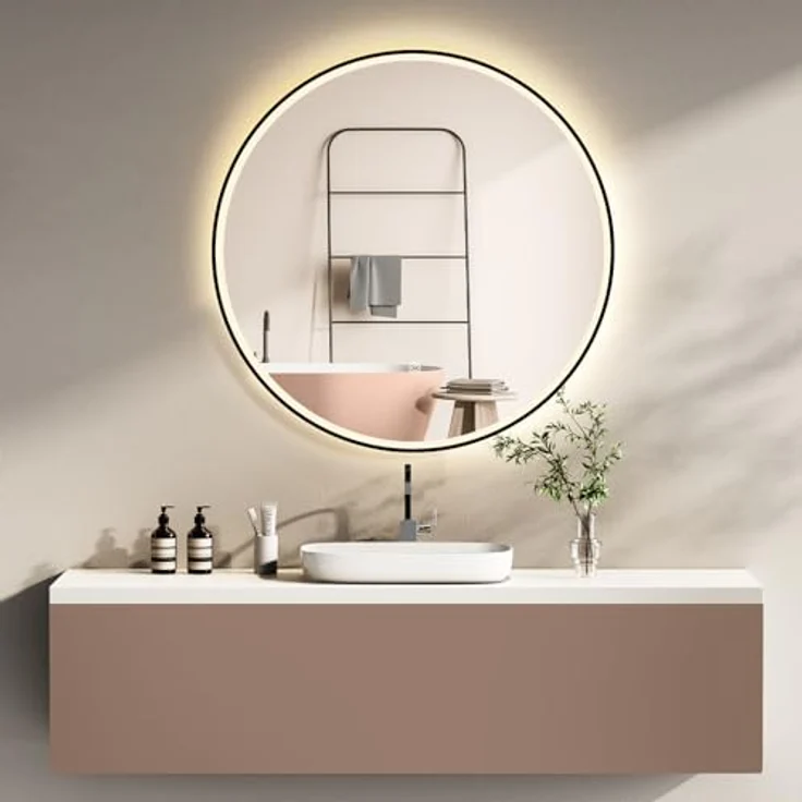HOKO Badspiegel rund 60 cm Helsinki, LED Beleuchtung mit Touch-Schalter, schwarzer Metall Rahmen, wechselbare Lichtfarbe Warmweiß-Kaltweiß-Neutral, Antibeschlag-Funktion, IP44 – Bild 1