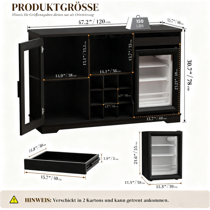 Weinschrank 120x40x78 cm mit LED-Beleuchtung, 9 Weinregalen und 2 Glashaltern, Holz & Schwarz – Bild 4