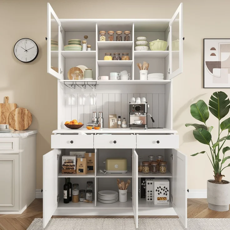 Buffetschränke, Esszimmer-Hochschrank 120×40×191 cm, mit Glastüren, Gläserhalter, mehrstufigem Stauraum, integrierter Steckdose sowie USB-C- und USB-A-Anschlüssen, Weiße und schwarze Griffe – Bild 3