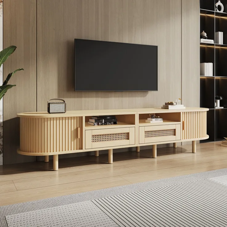 TV-Schrank 170 cm Ovale TV-Bank mit Rattanoptik Schubladen Schiebetüren Lowboard Holzlook Wohnzimmer Kompakter Retro-Stil 8 Beine