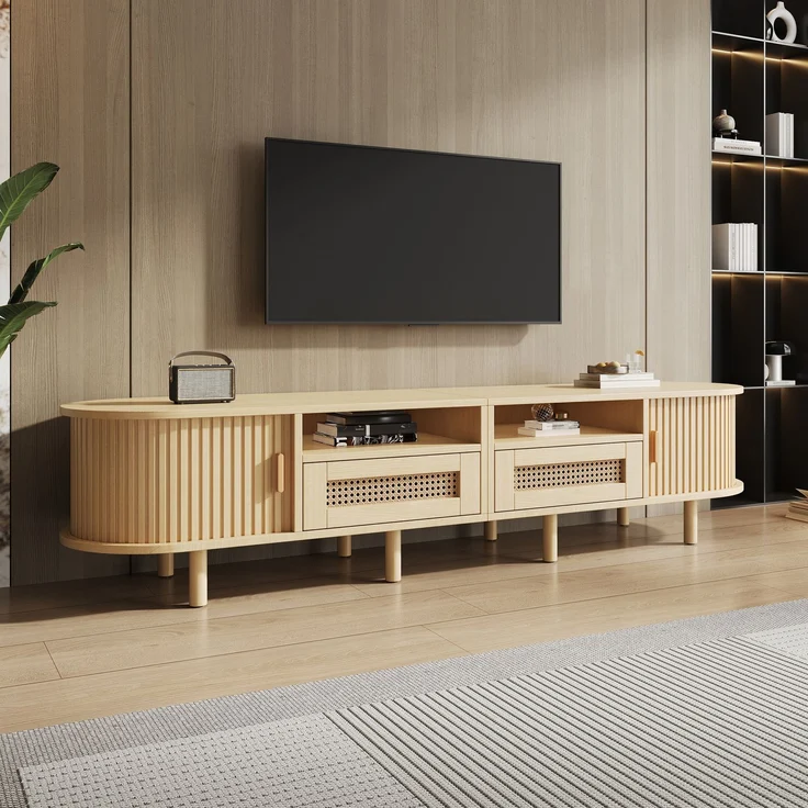 TV-Schrank 170 cm Ovale TV-Bank mit Rattanoptik Schubladen Schiebetüren Lowboard Holzlook Wohnzimmer Kompakter Retro-Stil 8 Beine – Bild 1