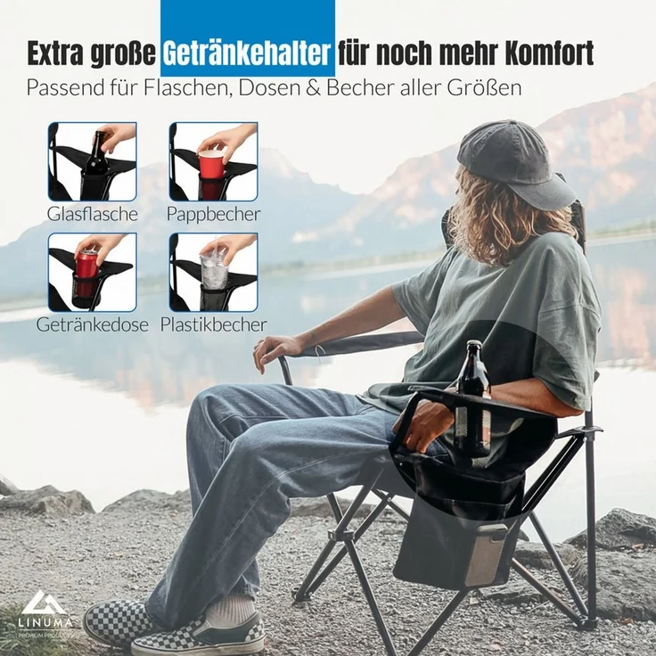 LINUMA Campingstuhl faltbar mit extra großem Getränkehalter, stabiler Klappstuhl schwarz (1 St), Faltbarer Campingstuhl mit XL-Getränkehalter für Festival & Outdoor – Bild 4