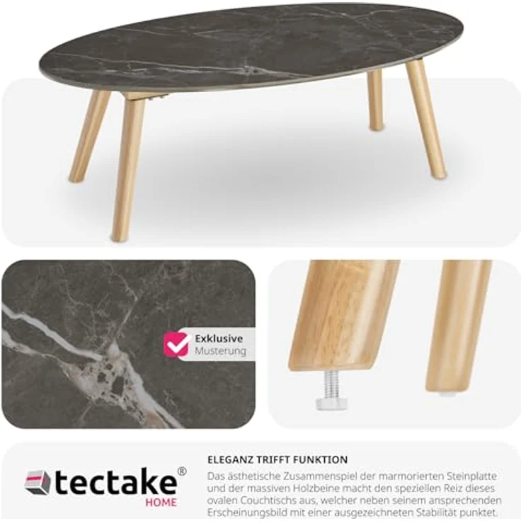 tectake Couchtisch Acerra, oval, Steinplatte in Marmoroptik, 100x50x34.5 cm, für Wohnzimmer und Terrasse – Bild 6