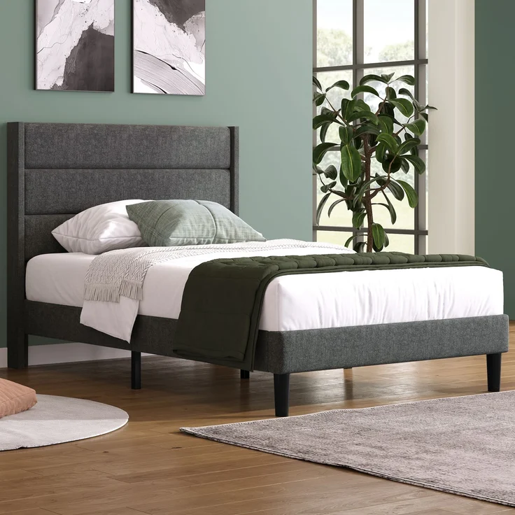 Polsterbett 90x200 cm mit Lattenrost und gepolstertem Kopfteil, Leinenbezug in Grau, zeitloses modernes Design, Jugendbett – Bild 2