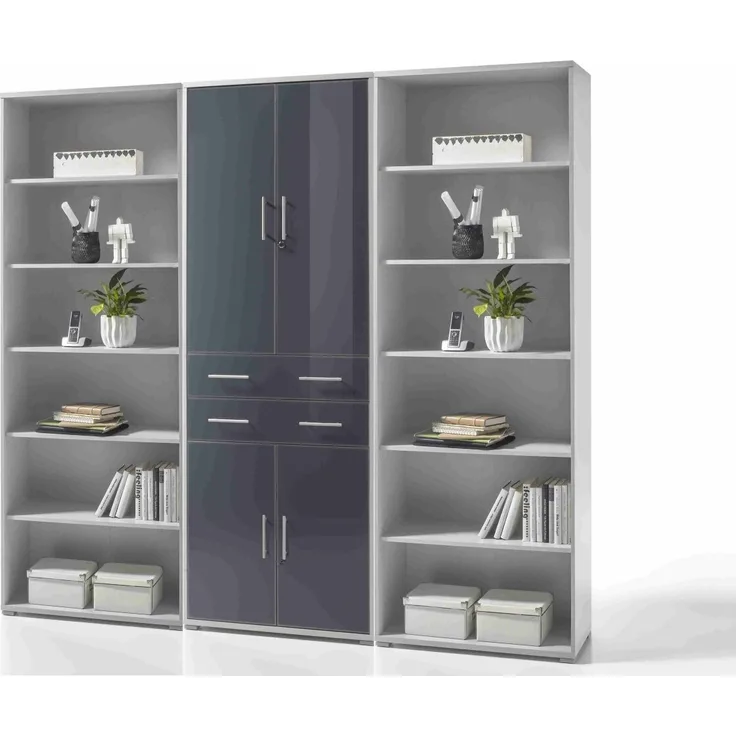 Regalwand OFFICE LINE LUX Regal Regal-Set XL Aktenschrank Aktenregal Büro Einrichtung in Lichtgrau Abs. Glas Graphit