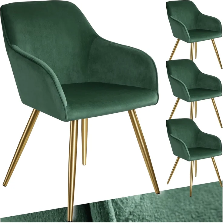 tectake®4er Set Esszimmerstuhl, Sessel bequem mit Armlehne, Polsterstuhl, Samtstoff Cocktailsessel, Loungesessel für Wohnzimmer, Esszimmer, Moderne Küchenstühle, Bürostuhl - dunkelgrün/Gold – Bild 1