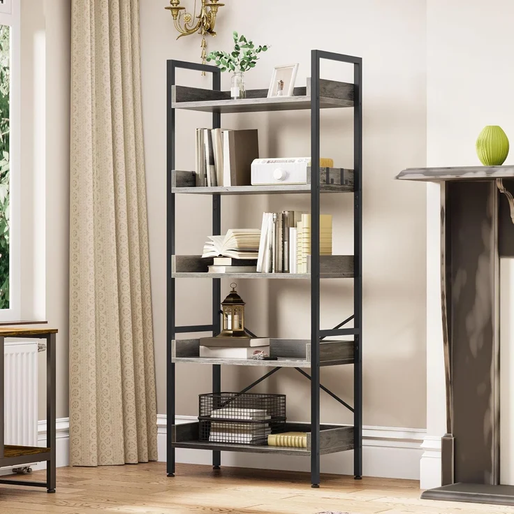 YITAHOME 5-stöckiges schmales, hohes Bücherregal, offenes Bücherregal mit 4 Haken, industrielles Lagerregal für Wohnzimmer, Home Office, graues freistehendes Regal – Bild 3