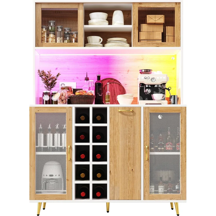 Seitenboard / Aufbewahrungsschrank / Multifunktions-Küchenschrank / Buffetschrank, 120x40x170cm, mit LED-Beleuchtung, Weinregal & Snackregal, 5 Türen, integrierte Steckdose, Weiß mit Holzoptik – Bild 9
