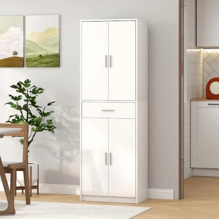 HOMCOM Küchenbuffet Hochschrank Vorratsschrank Einlegeböden Skandinavisches Design (freistehender Küchenschrank mit Schublade, 1-St, Vitrinenschrank mit verstellbaren Regalen) 60 x 35 x 180 cm, Weiß – Bild 7