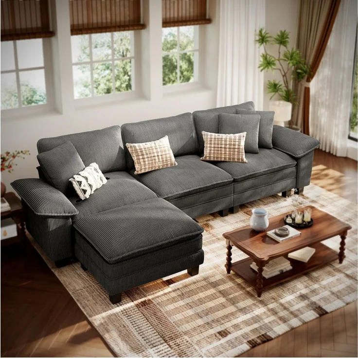 PHI VILLA Ecksofa L-Form Couch, 4-6-Sitzer-Sofa, Modulare Sofas inklusive Zierkissen und Ottomane für das Wohnzimmer – Bild 1