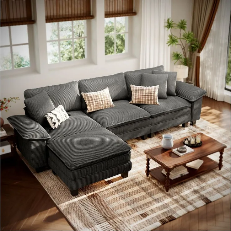 PHI VILLA Ecksofa L-Form Couch, 4-6-Sitzer-Sofa, Modulare Sofas inklusive Zierkissen und Ottomane für das Wohnzimmer