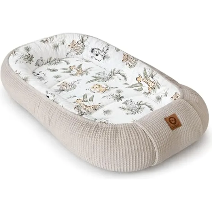 Babynestchen Neugeborene – Nestchen Baby aus Waffel Baumwolle & Baumwollstoff – Babynest für Babybett & Kinderbett – Baby Kokon Tragbar – OEKO-TEX zertifiziert – Zubehör für Babybett - Safari und Sand