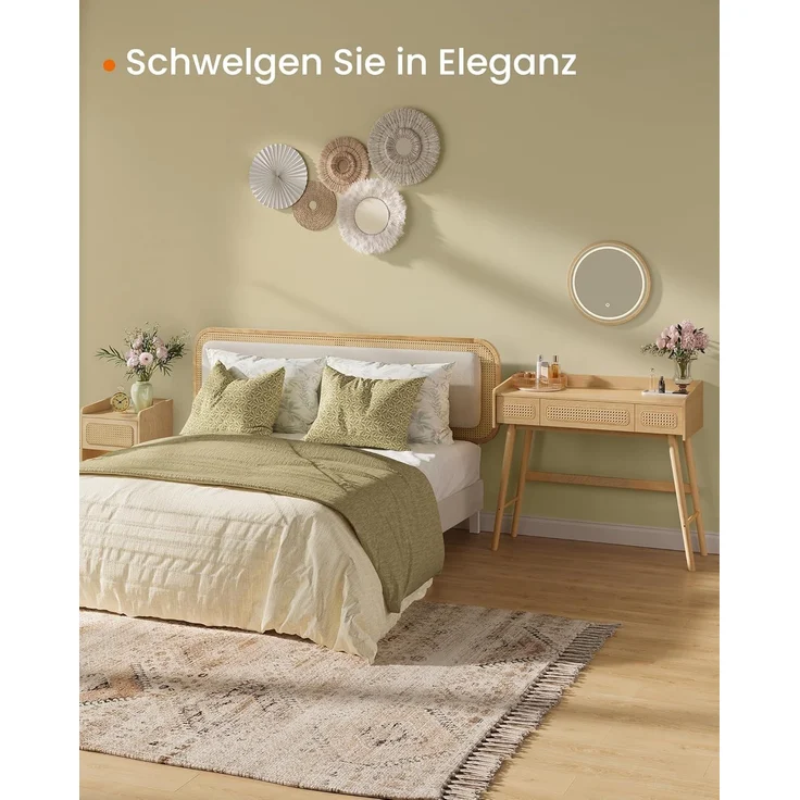 SONGMICS HOME BOHOVEN Kollektion – Schminktisch mit Spiegel, Beleuchtung, Kosmetiktisch 3 Schubladen in Rattan-Optik, Touch-Steuerung, 3 Lichtfarben, dimmbar, Boho-Stil, Schlafzimmer, eichenbeige – Bild 6