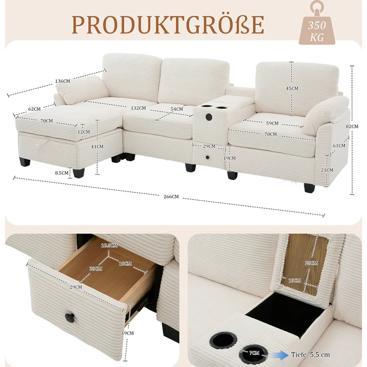 LVHOM 3-Sitzer Sofa mit Hocker, L-Form Ecksofa mit Stauraum, USB-C-Anschluss und 2 Getränkehaltern, modulares Sofa, Beige – Bild 6