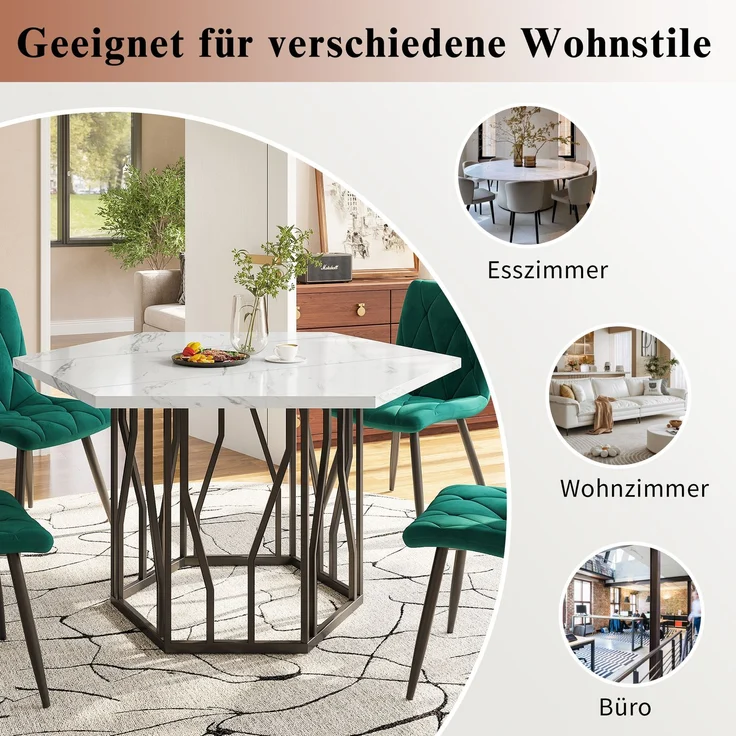 Sechseckiger Esstisch 115.5×100 cm mit 4 Samtstühlen, modernes Esszimmer-Set, ergonomisch, MDF Tischplatte, Metallgestell – Bild 3