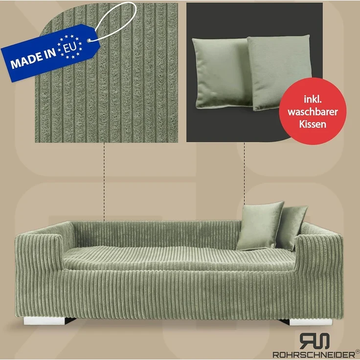 Rohrschneider Tiersofa Hundesofa Cord hoher Rand, waschbarer Bezug 4 Farben, robuster Cordstoff aus 100% Polyester, inkl. 2x Dekokissen – Bild 2