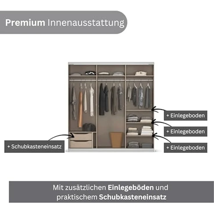 Rauch Möbel Kulmbach, Kleiderschrank mit Schwebetüren für Schlafzimmer, Kinderzimmer, Garderobe, Flur, 3-türig, mit Soft-Close-Funktion, Zubehör Premium, Farbe Weiß, Breite 203 cm – Bild 7