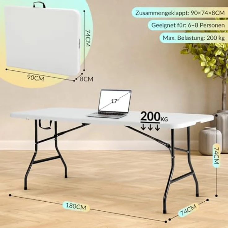 Velway Buffettisch Gartentisch klappbar mit Koffergriff - 180 x 74 x 74 cm Wetterfest Kunststoff Klapptisch Leicht zu Reinigen für Garten Terrasse Balkon Camping Partytisch Campingtisch - Weiß – Bild 2