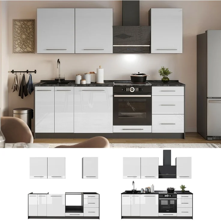 Küchenzeile Fame-Line Weiß Hochglanz/Anthrazit 230 cm, AP Eiche Vicco – Bild 4