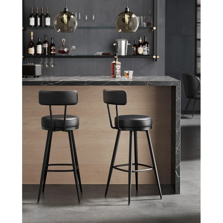 VASAGLE EKHO Kollektion - 360° drehbarer Barhocker, 2er Set, Hocker mit Rückenlehne für Bartisch, Kunstleder mit Nähten, Mid-Century-Modern-Stil, 76 cm hoch, Küche, Hausbar, tintenschwarz LBC889B01 – Bild 3