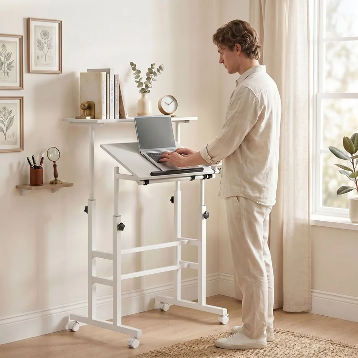Steh-Sitz-Schreibtisch, höhenverstellbarer Schreibtisch 70 x 60 cm, auf Rollen mit neigbarer Tischplatte, 70 x 60 x 70,5–120 cm, Weiß – Bild 9