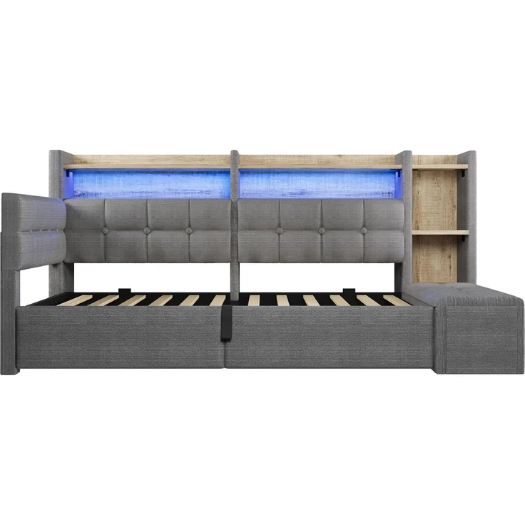 Tagesbett, Daybett, Schlafsofa, 90 × 200 cm, mit hydraulischer Lagerung, USB- und Typ-C-Anschlüssen, Ablagefach, Stauraumbank am Fußende, LED-Lichtleiste, Ohne Matratze, Velvet, Dunkelgrau – Bild 10