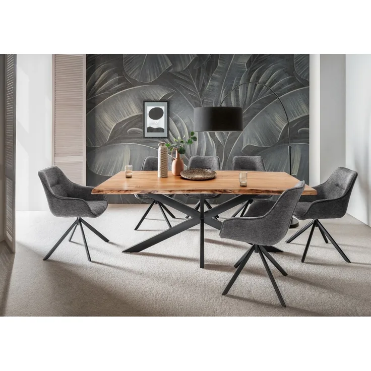 bene living Essgruppe Baumkantentisch Catania, 6er Set Diningsessel San Carlo dunkelgrau, (Indoormöbelset, 7-tlg), Akazienholz - Esszimmer, Wohnzimmer, Büro